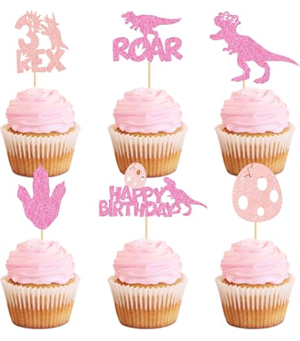 24 Stück Dino Cupcake Topper - Glitzer Dinosaurier Aufsätze Für 2. Geburtstag, Babyparty & Dino-Themenparty