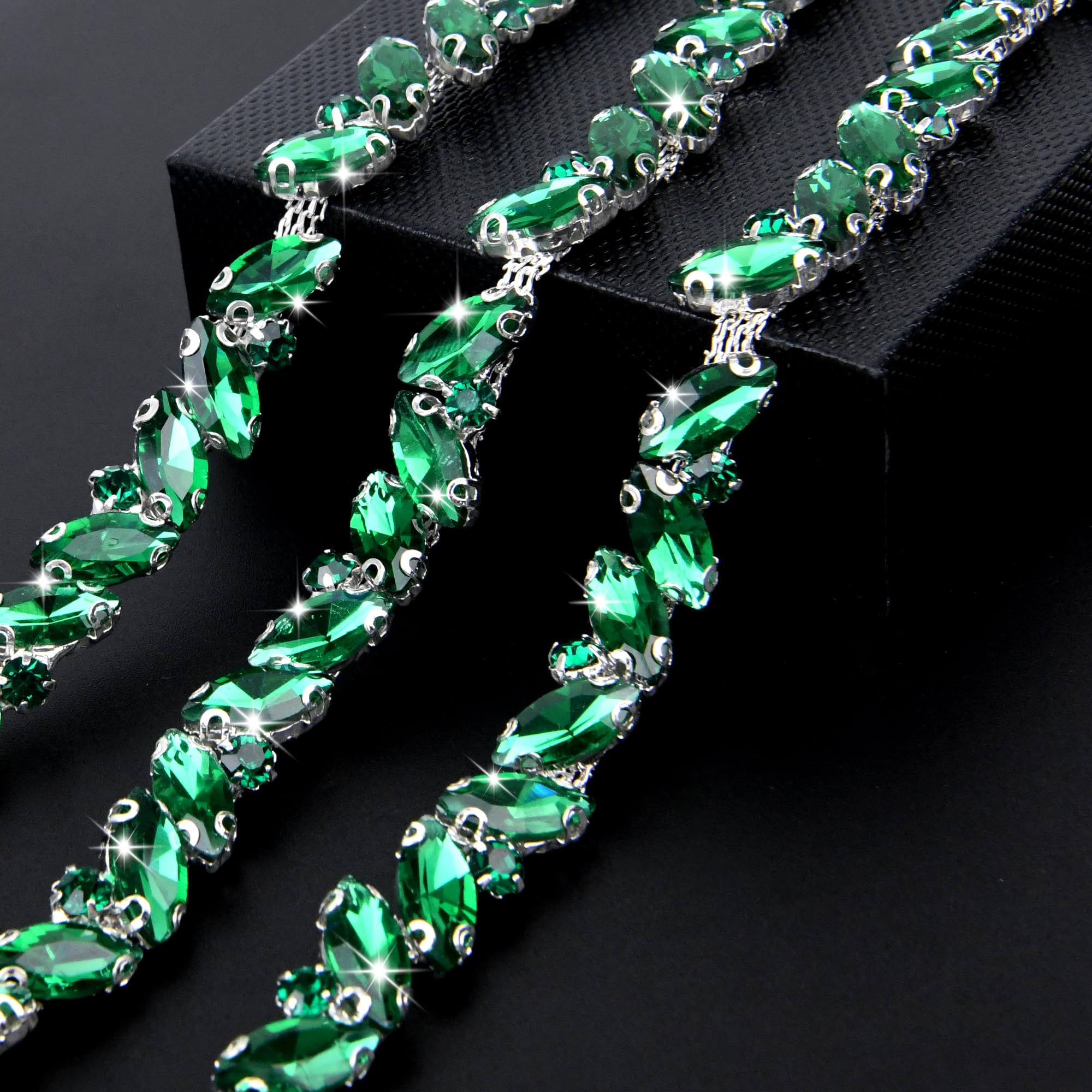 Photo 1 of 1 Yard Rhinestone Chain, 10MM Bling Rhinestone Chain Trim, Leaf Shape Crystal Chain for Wedding Bouquet, Bridal Costume Embellishment, Party Decor, DIY Craft(Dark Green)