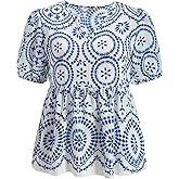 winkbay Women's Boho Print Peplum Tops Summer Dressy Casual Short Sleeve V Neck Vacation Blouses