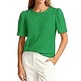 PRETTYGARDEN Embroidered Eyelet Tops for Women Summer Blouses Dressy Casual 2026 Spring Work Teacher Puff Short Sleeve Shirts