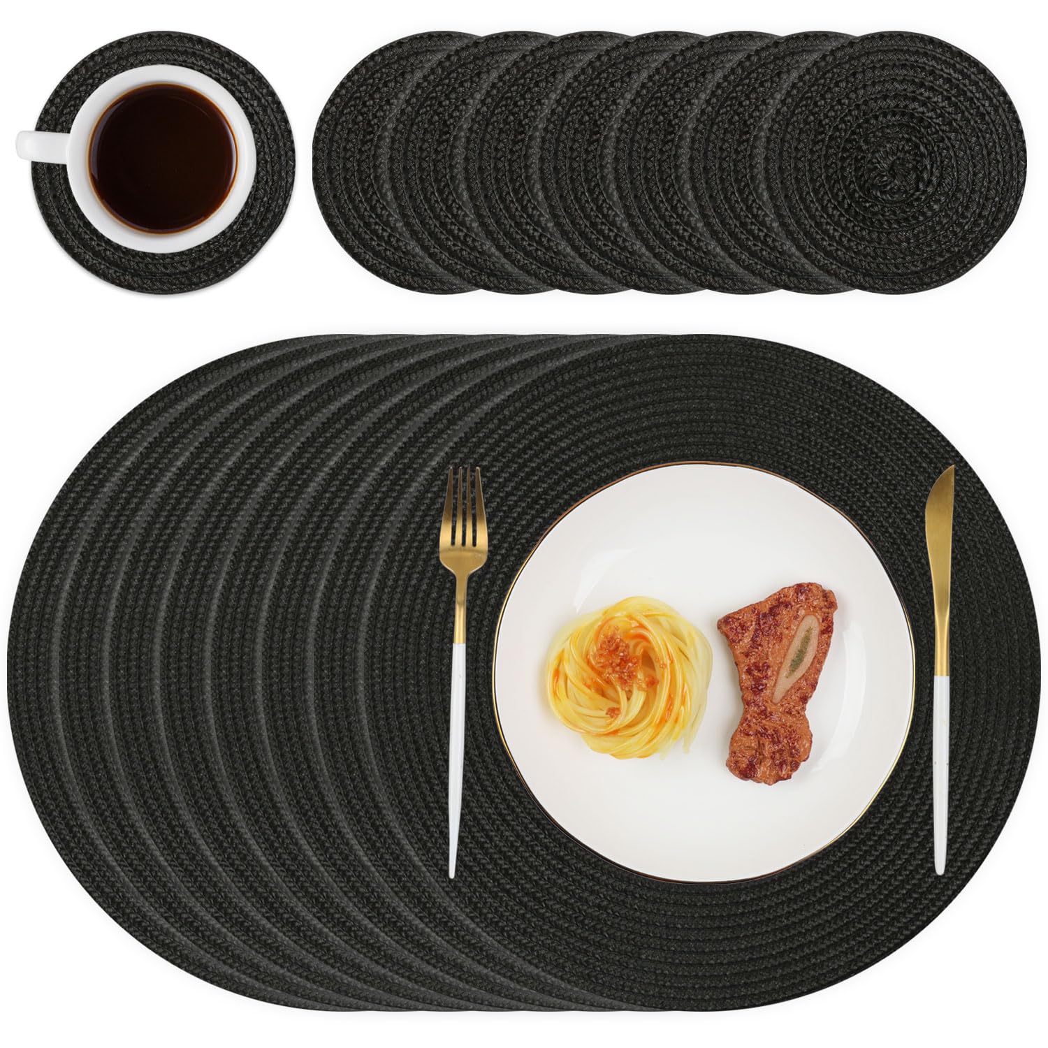 Homcomodar Round Table Place Mats with Coasters Set of 8 Black Heat Resistant Placemats Set Round Woven Table Mats for Dining/Kitchen Tables
