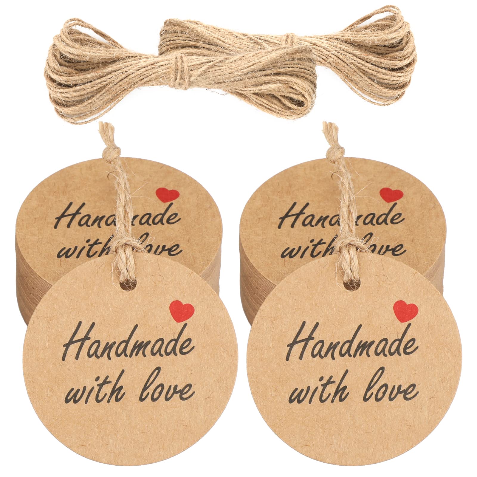 jijAcraft 100PCS Handmade with Love Gift Tags: 5CM Kraft Paper Brown Labels with 20M Jute Twine for Crafts Valentines Gift Wedding Favour