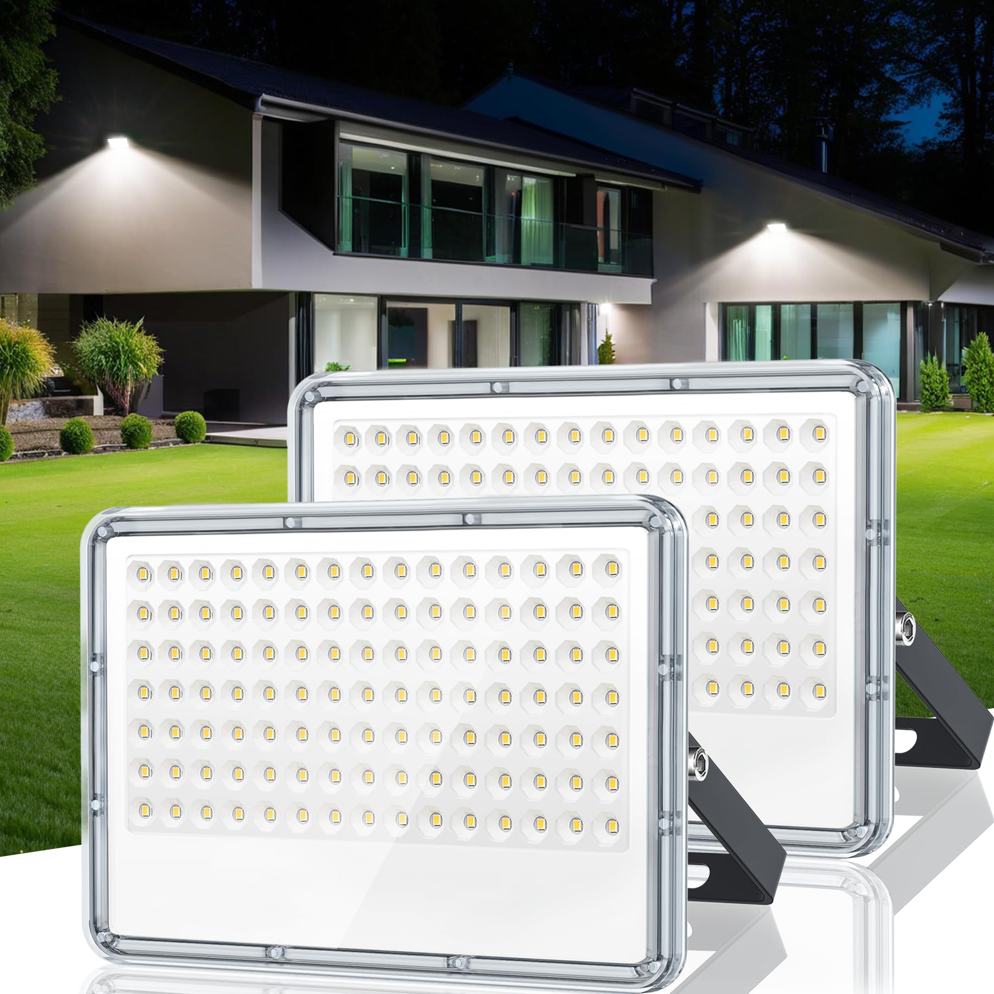TASINUO 100W LED Floodlight Outdoor 2 Pack, 10000LM Outdoor Security Lights, IP67 Waterproof LED Spot Lights 7000K Daylight LED Flood Lights for Garden Yard Garages Warehouse Patio Billboard