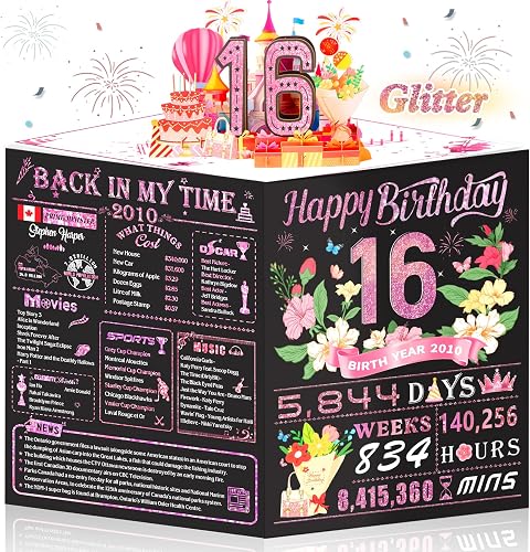 OLOSONG 16th Birthday Cards for Girls, 3D Pop Up 16th Birthday Decorations for Her, Rose Gold Sweet 16 Year Old Birthday Gifts Ideas for Daughter Sister Girlfriend Classmate, Jumbo Back In 2010