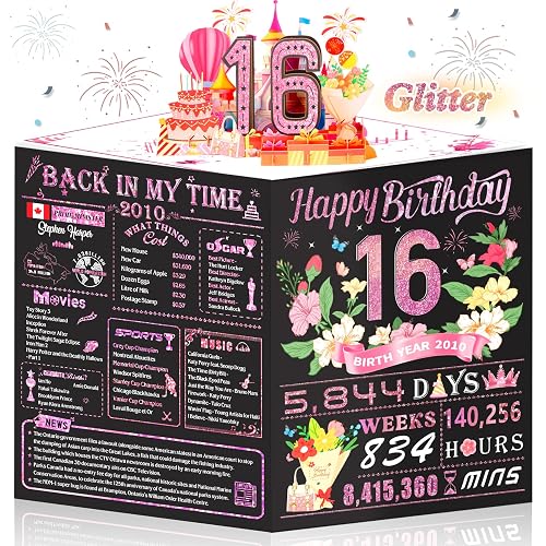 OLOSONG 16th Birthday Cards for Girls, 3D Pop Up 16th Birthday Decorations for Her, Rose Gold Sweet 16 Year Old Birthday Gifts Ideas for Daughter Sister Girlfriend Classmate, Jumbo Back In 2010