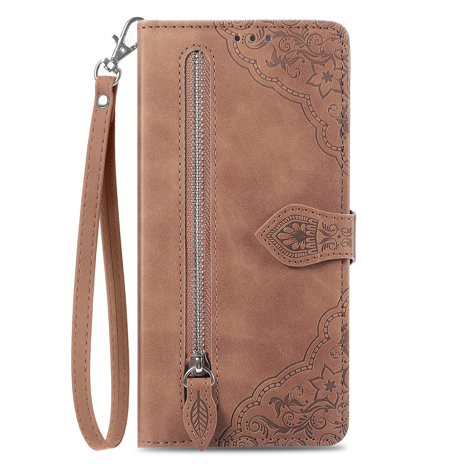 NEXCURIO Zip Wallet Case Compatible with Apple iPhone 13 Phone Case Wallet with Credit Card Holder Strap Stand Women Leather Flip Case Floral Folding Cover Shockproof - Brown