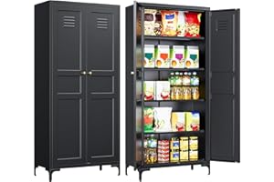 SISESOL Metal Storage Cabinet with Doors and Shelves,Black Storage Cabinet with Leg,Metal Pantry Cabinets,Ventilated Pantry Closet,Tall Large Cupboard for Home,Kitchen,Dining/Living/Laundry Room