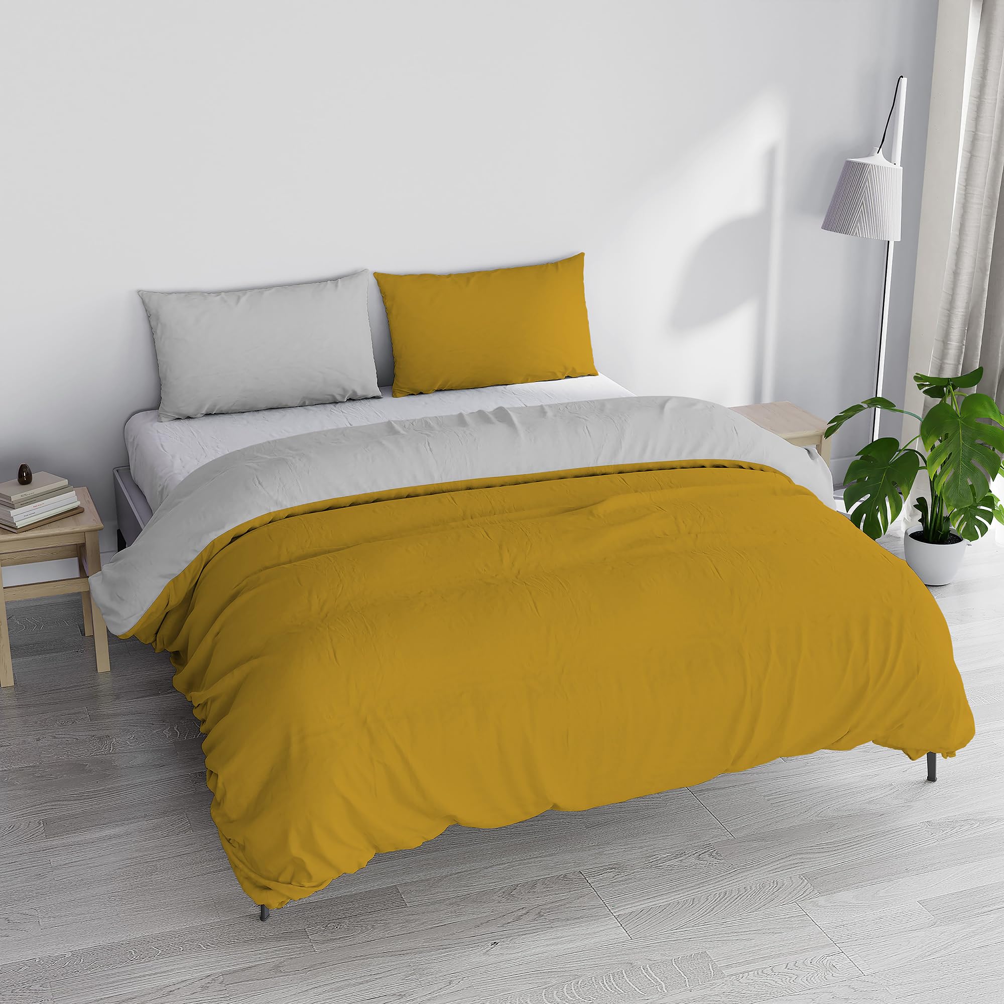Italian Bed Linen Duvet Cover Set “Natural Doubleface Solid Colour Bag Sheet and Pillowcase, Cotton, Mustard/Light Gray, Double
