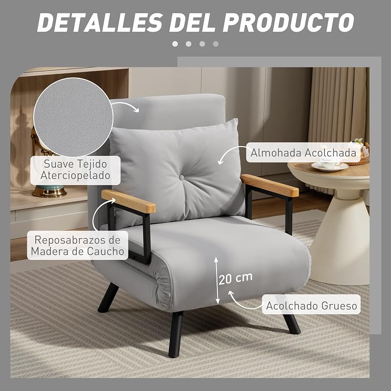 Divano letto 1 posto HOMCOM 4-in-1 pieghevole, 63x73x81 cm, grigio chiaro