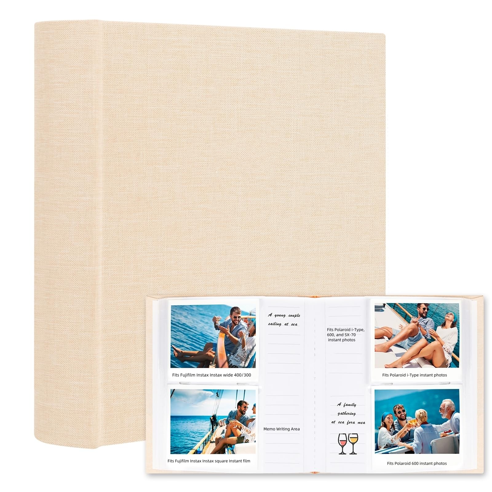 120 Pocket Photo Album for Fujifilm Instax Wide 400/300 - Linen Cover with Writing Space, Fits Polaroid Now/Now +/OneStep/OneStep 2, POP/Lab Printer & i-Type/600/SX-70 Film (Beige)