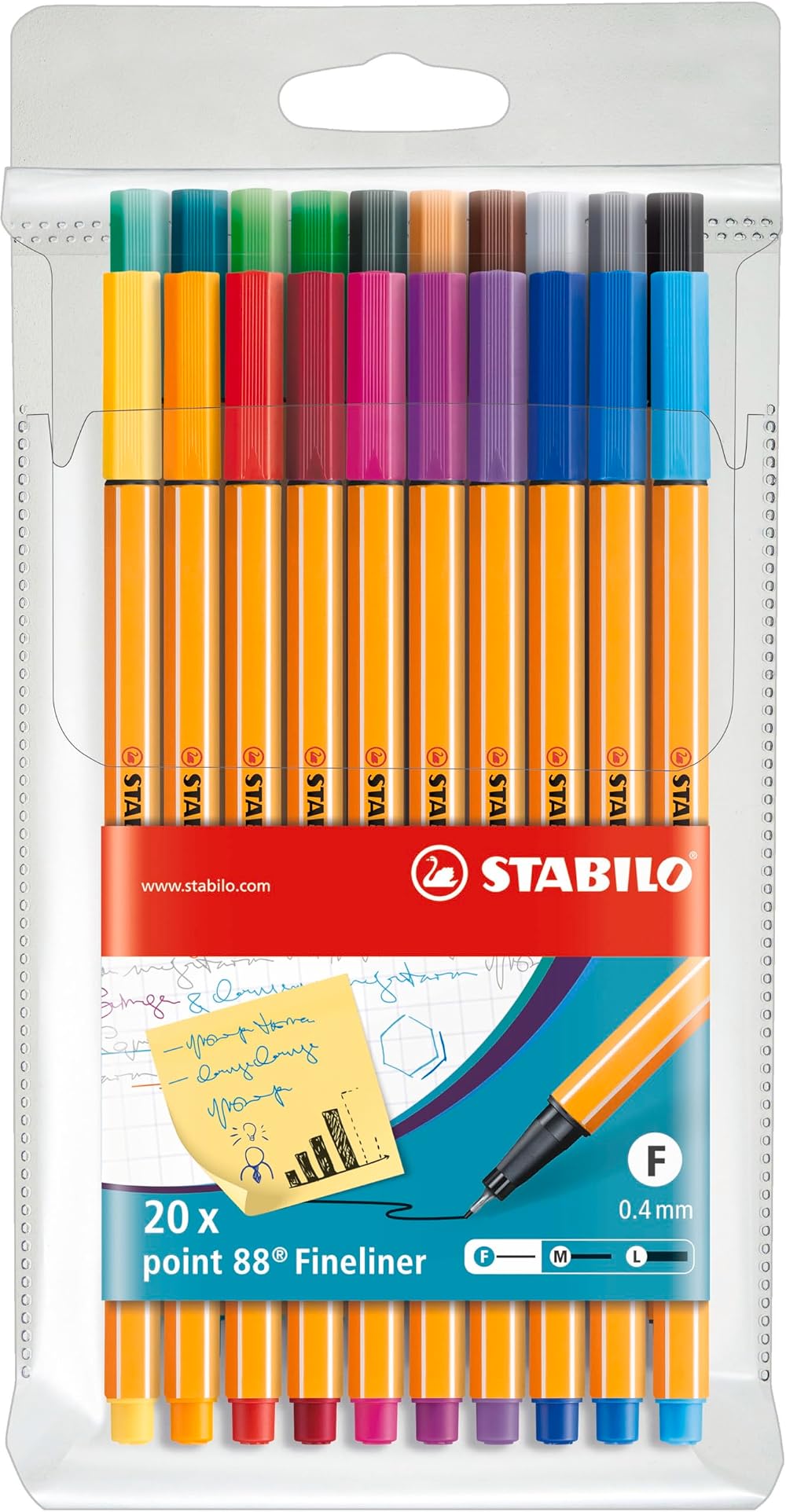 STABILO point 88 Fineliner Pack 20 Assorted Colours 0.4 mm
