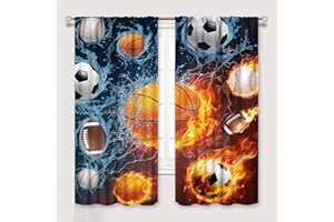 YCNESS Boys Sports Kids Curtains for Bedroom, Fire Basketball Football Soccer 3D Ball Window Treatments for Living Room,Teen Boys Girls Room Decor Drapes 2 Panel Sets,42x54 Inch