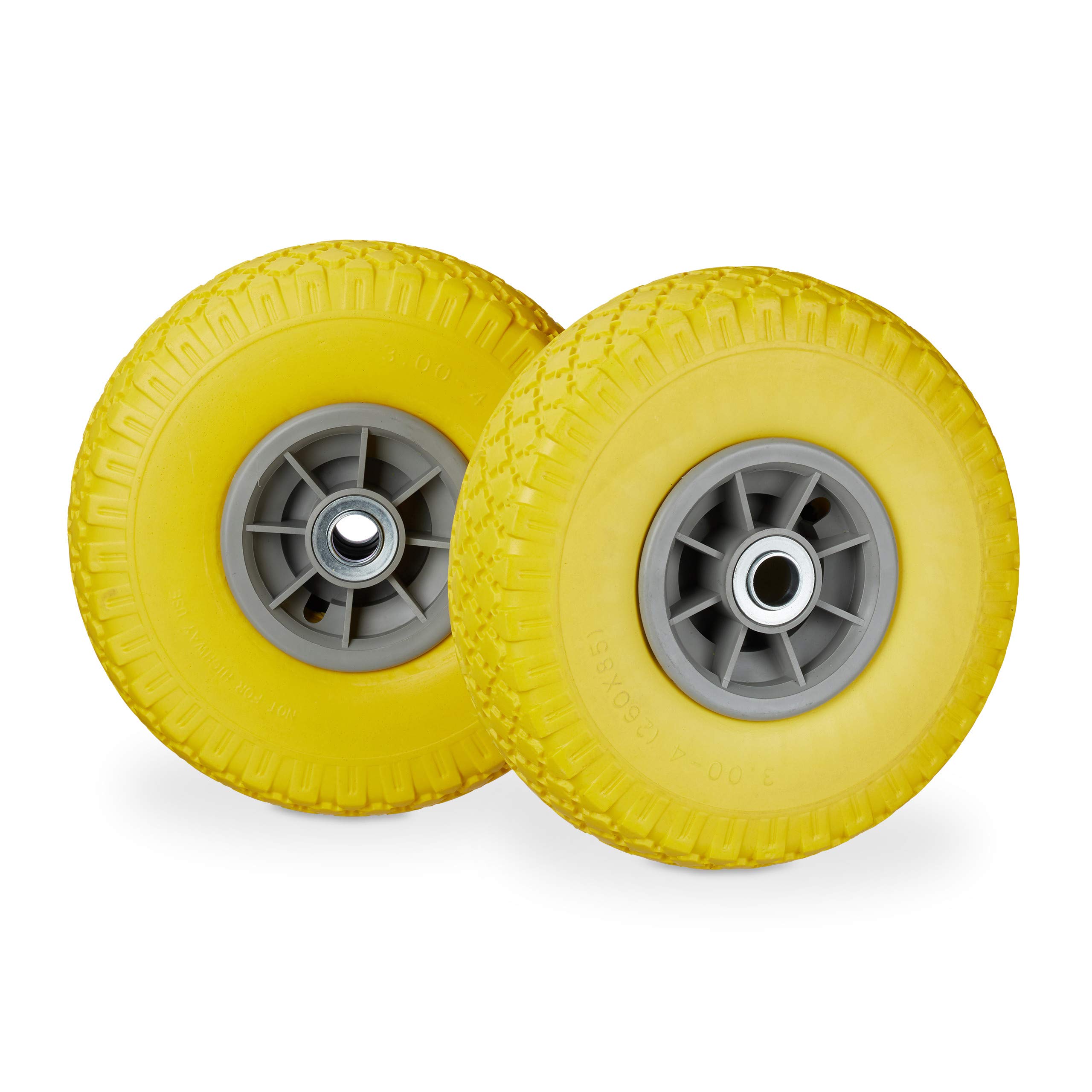 Relaxdays 2 x Hand Truck Tyre, Non-Flat Solid Rubber Wheels, 3.00-4”, 20mm Axle, 80 kg, 260 x 85 mm, Yellow/Grey