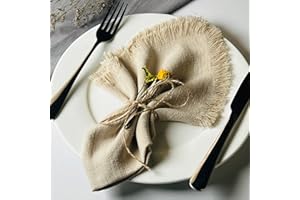 Dololoo Handmade Cloth Napkins with Fringe,18 x 18 Inches Cotton Linen Napkins Set of 4 Versatile Handmade Square Rustic Fringe Napkins for Dinner, Wedding and Parties, Beige