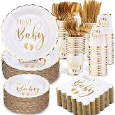 Yungyan 400 Pcs Baby Shower Plates Disposable, Gold, Hey | Gender Reveal Party Decorations Supplies, Cups Napkins Forks Spoons Included, Serves 50 Guests, Tableware Complete Set