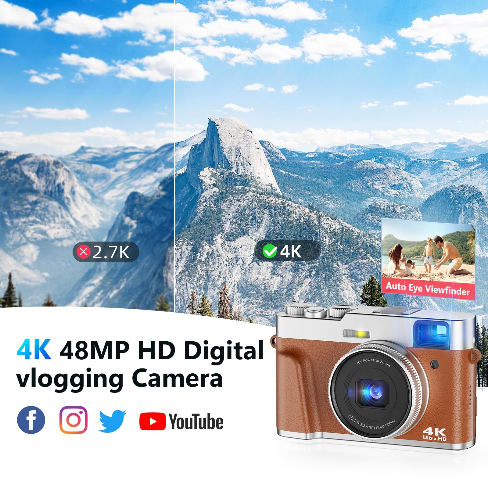 4K Digital Camera, Photography Autofocus 48MP YouTube Vlogging Camera, 16X Digital Zoom Video Camera Anti-Shake with 32GB Micro Card, Compact Point and Shoot Travel Cameras for Gifts(Brown)