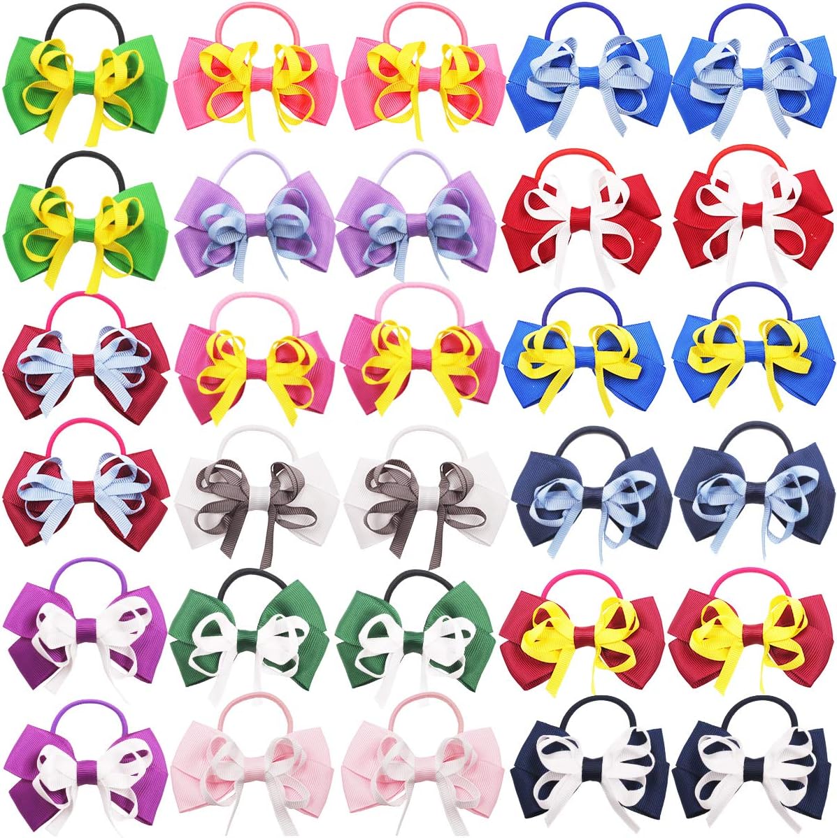 30PCS Baby Girls Hair Bows Ties 3.15Inch Grosgrain Ribbon Bows Elastic Hair Bands Ponytail Holders Hair Accessories for Little Girls Toddlers Kids Children in Pairs
