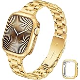 G-ficu Slim Metal Band for Apple Watch Bands for Women 41mm 40mm 38mm Gold iWatch Bands with Protective Case, Stainless Steel Thin Dressy Fancy Strap for Apple Watch Band Series 9 8 SE 7 6 5 4 3-Gold