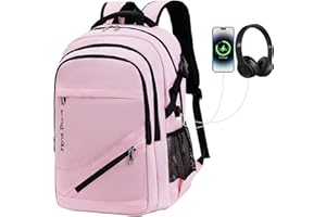 FENGDONG Laptop Backpack with USB Charging and Headphone fits 17.3 Inch Laptop, Light Pink, 18.11 x 12.6 x 8.3 inches