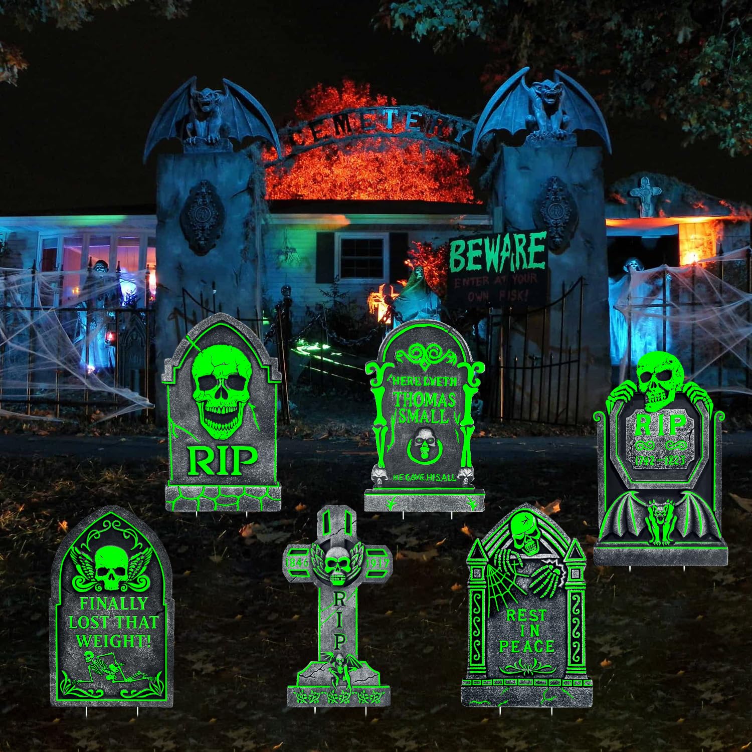 Photo 1 of 17” Outdoor Halloween Decorations Tombstones Yard Sign, 6 Pack Glow in The Dark Graveyard Decor, Light Up Halloween Tombstones for Yard, Cemetery, Party, Gift, Waterproof and Durable