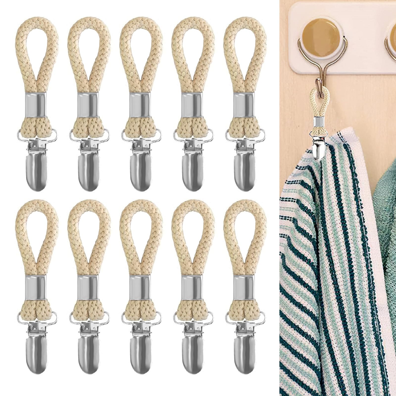10Pack Metal Clamp Cotton Rope Tea Towel Hanging Clips for Kitchen, Bathroom & Beach
