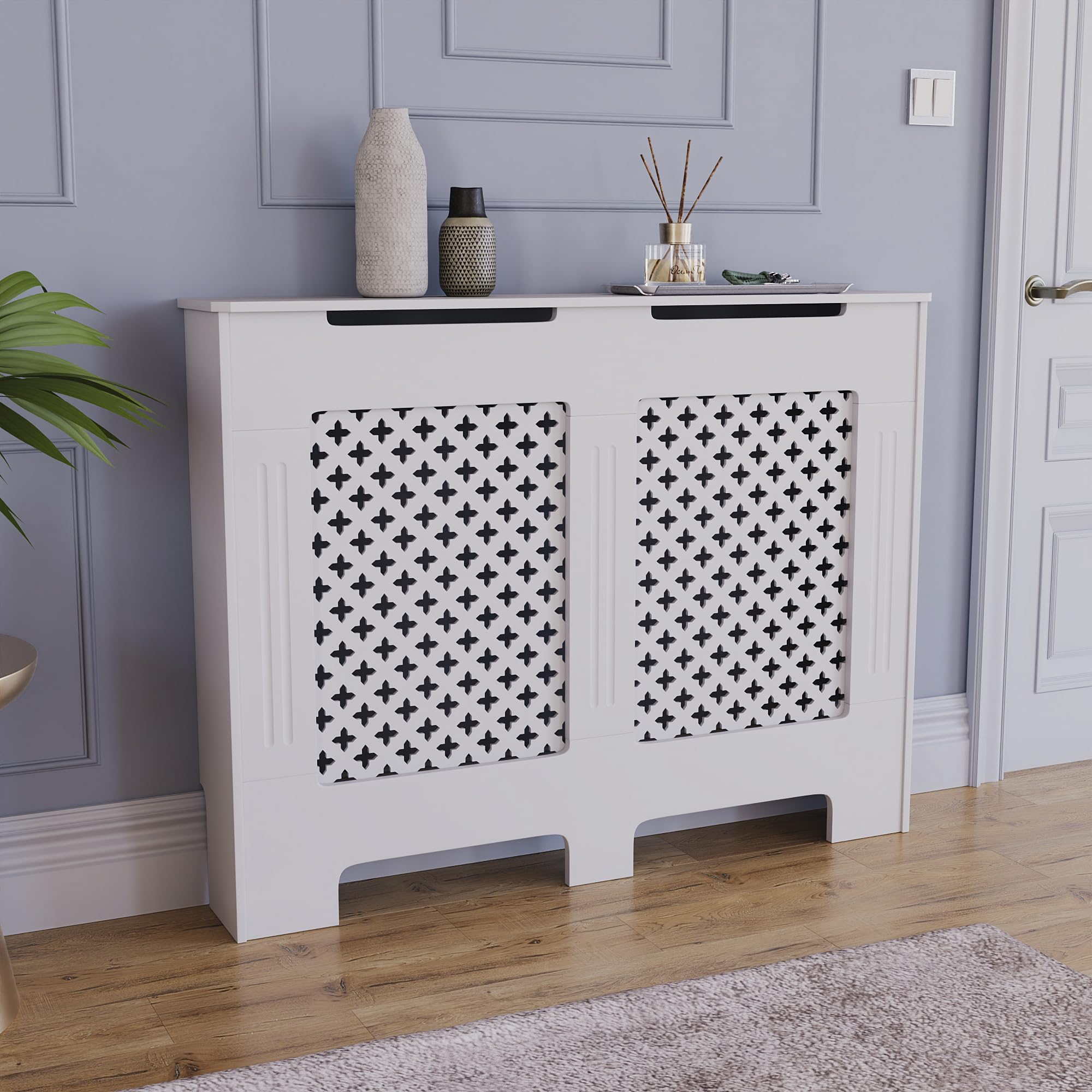 Vida Designs Oxford Radiator Cover White - Medium - Traditional Cross Pattern Design For Optimal Heat Circulation - H82xW111xD19cm - Painted MDF Cabinet Ideal For Living Room & Hallway