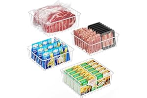 iSPECLE Freezer Organizer Bins - 4 Pack Small Freezer Bin for 5/6 / 6.5/6.8/7 cu.ft Standup Freezer Easy Get, Stop Food Fall out, Upright Freezer Baskets Allow Air Circulation, White