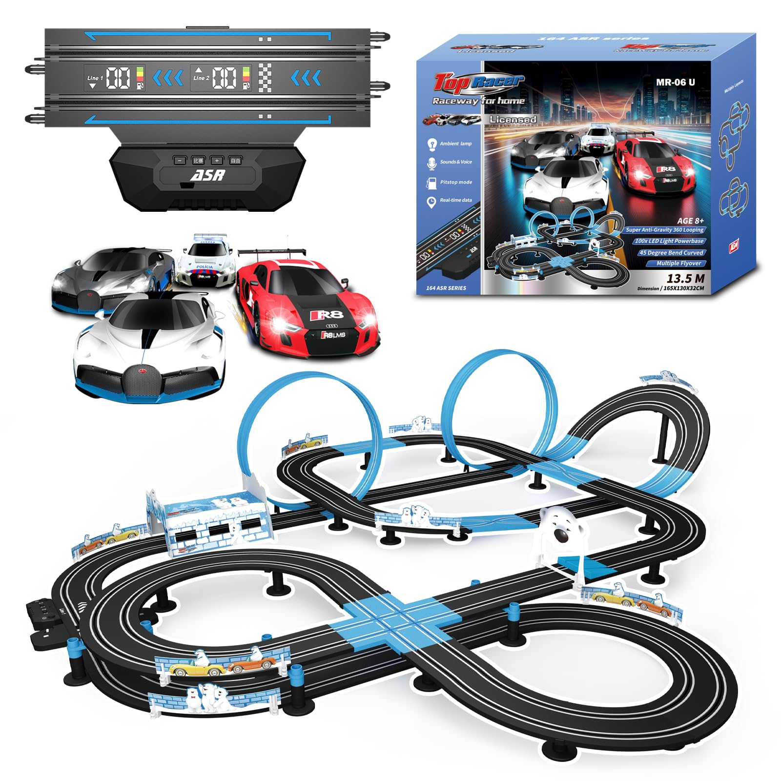 AGM MASETCH Slot Car Racing Set with LED Lap Counter, High Speed, Fuel Pit Stop, Voice Feedback, 4 Licensed Cars, 13.5m (44ft) Track, Electric or Battery Powered for Kids & Adults