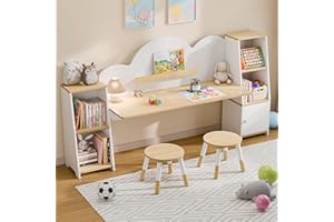 Xilingol Kids Study Desk with Bookshelves and 2 Stools, Kids Desk and Chair Set with 5 Storage Cabinets, Wooden Children Writing Table, Student Study Table for Ages 3-8, Bedroom, Boys, Girls