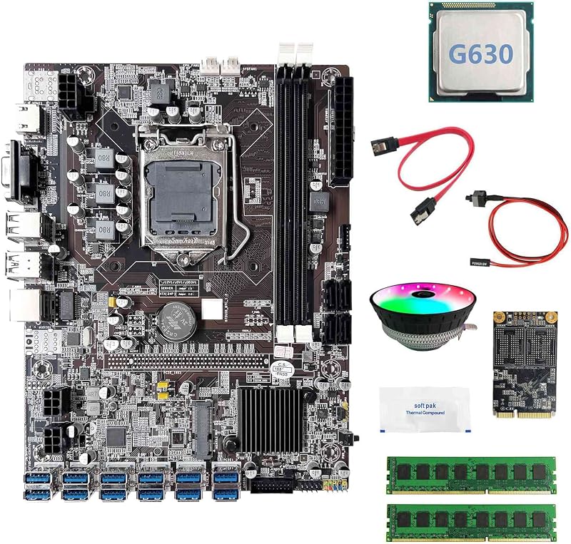 Lodokdre B75 ETH Mining Motherboard 12 USB G630 CPU 8GB DDR3 RAM 128GB SSD Kit