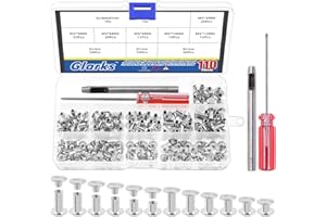 Glarks 110 Sets 6 Sizes Chicago Screws Leather Rivets with Punch and Screwdriver Kit, M5 x 4/5/6/8/10/12mm Chicago Button Bin