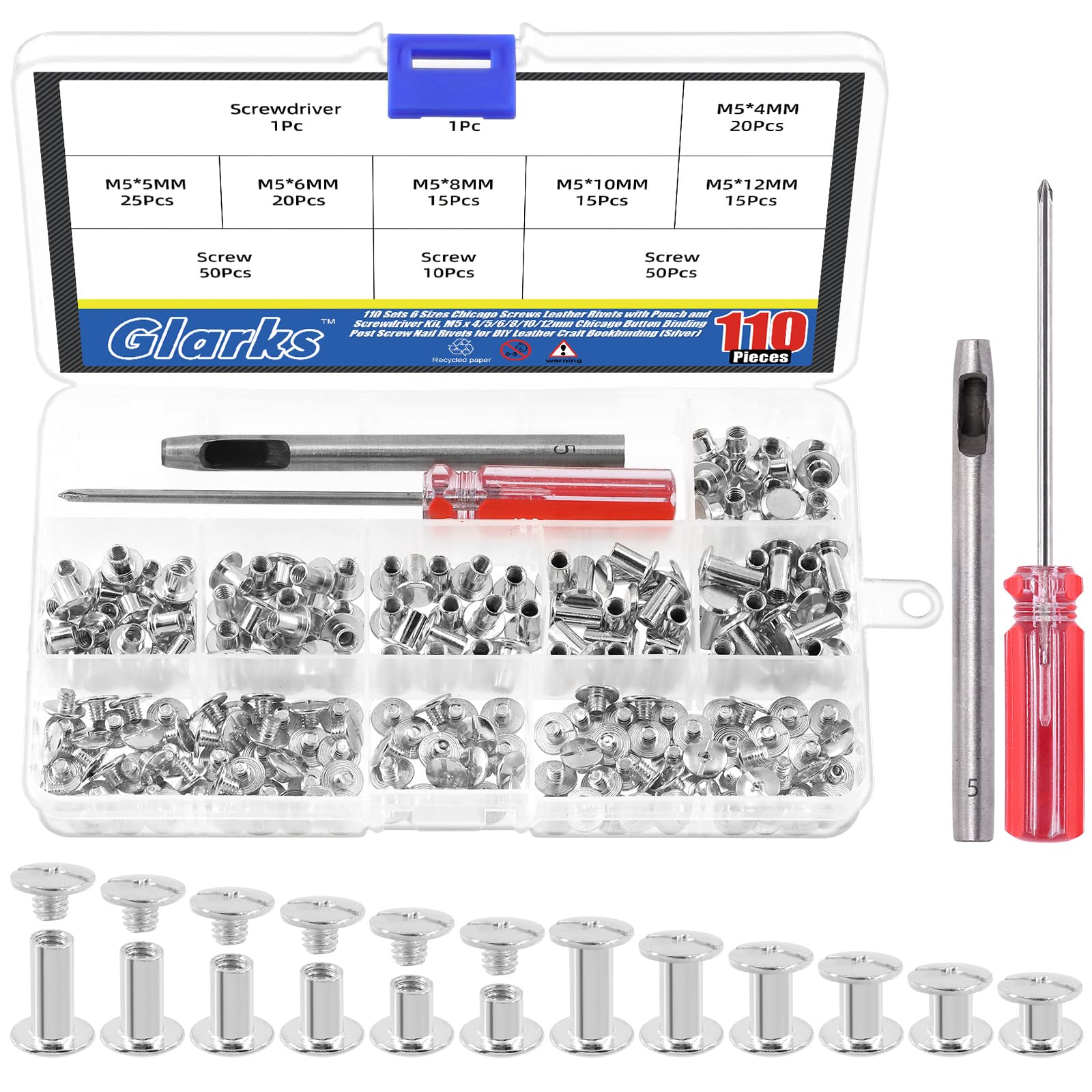 Glarks 110 Sets 6 Sizes Chicago Screws & Leather Rivets Kit, M5-12mm (Silver) for DIY Leather Craft & Bookbinding
