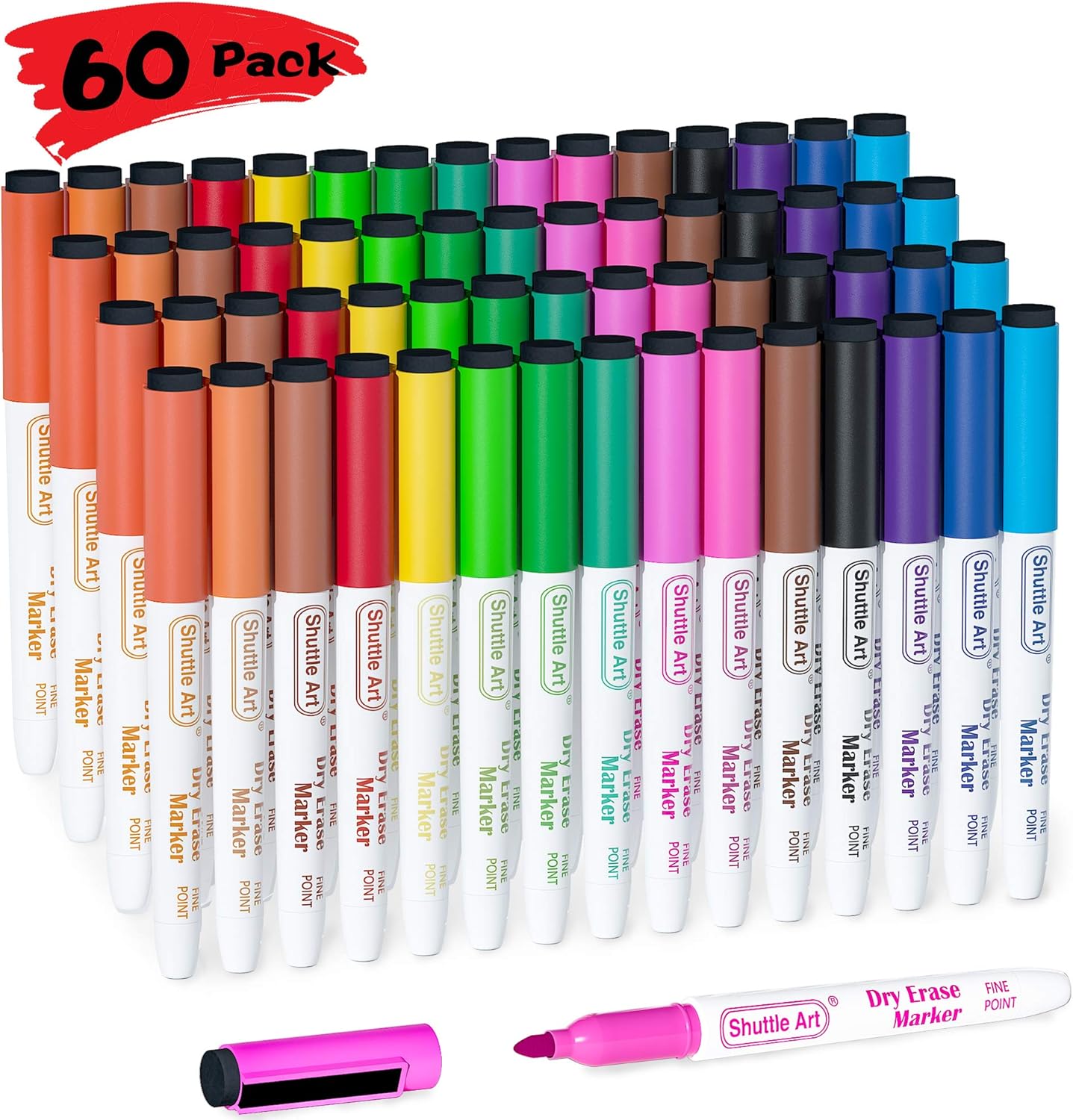 Dry Erase Markers, Shuttle Art 60 Bulk Pack 15 Colors Magnetic Whiteboard Markers with Erase, Fine Point Dry Erase Markers Perfect for Writing on Whiteboards, Glass, Mirror for School Office Home : Office Products