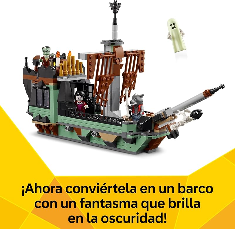 Criador 3 em 1 Haunted Mansion - Casa de Brinquedos Interativa Transformável em Navio Fantasma ou Comboio - 5 Minifigures Inc. Frankenstein e Lobisomem - Presente para Rapazes e Raparigas 9+ Anos 31167