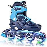 2PM SPORTS Adjustable Inline Skates for Kids, Girls, Boys, Youth Ages 4-12 | Beginner friendly; easy buckle closure; ankle support; light-up wheels; 2 non-woven bags