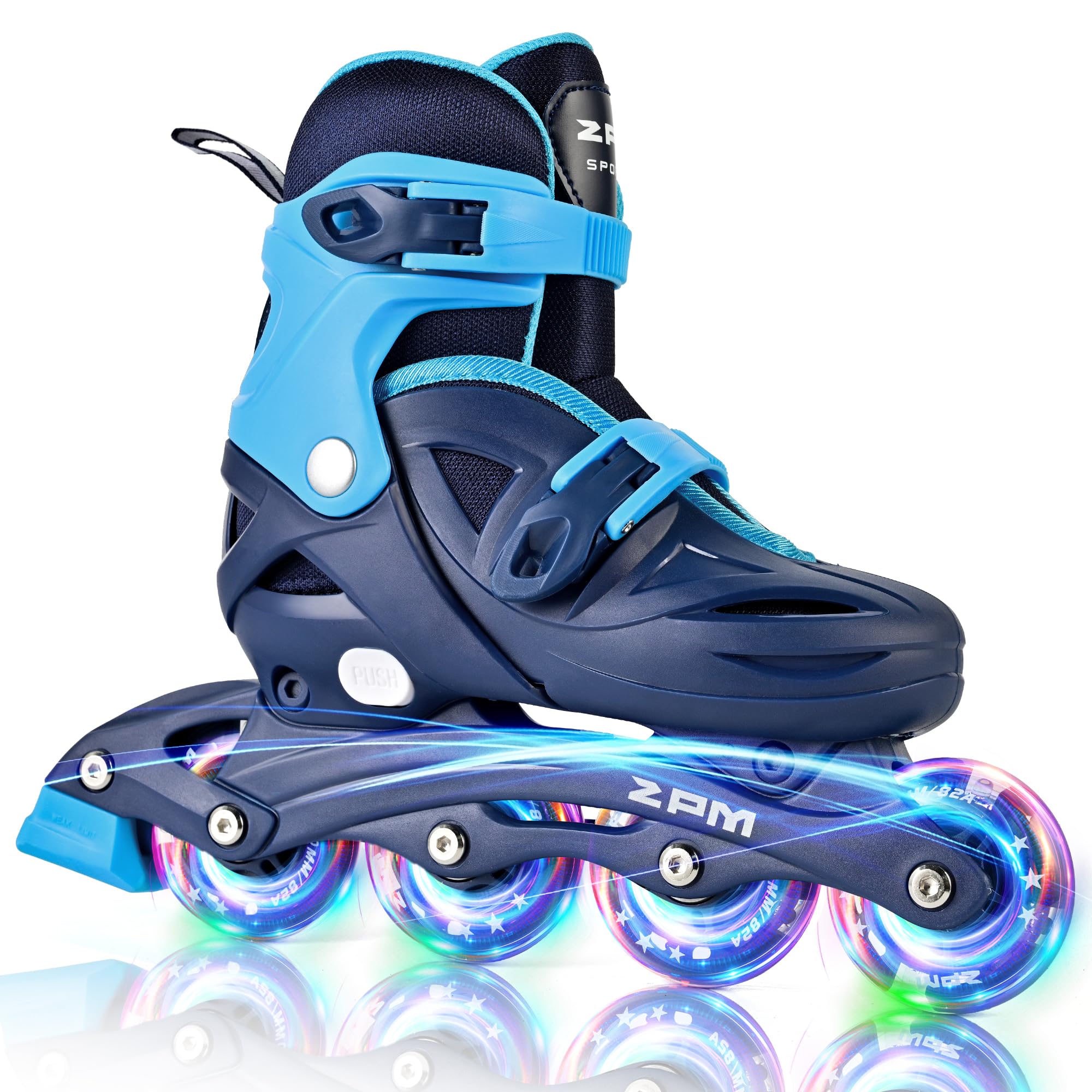 Photo 1 of 2PM SPORTS Inline Skates with Light Up Wheels, Roller Skates Blades for Boys Girls Kids Ages 5-8 8-12 4-6 6-12, Size Adjustable Beginner Blades Roller Skates (Black & Blue, Medium - Big Kid)