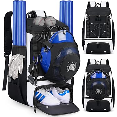 Baseball and Softball Equipment Bag - Bat Bag with Hook | Waterproof Baseball Backpack with Shoe Compartment, Multi Pocket Sports Bag