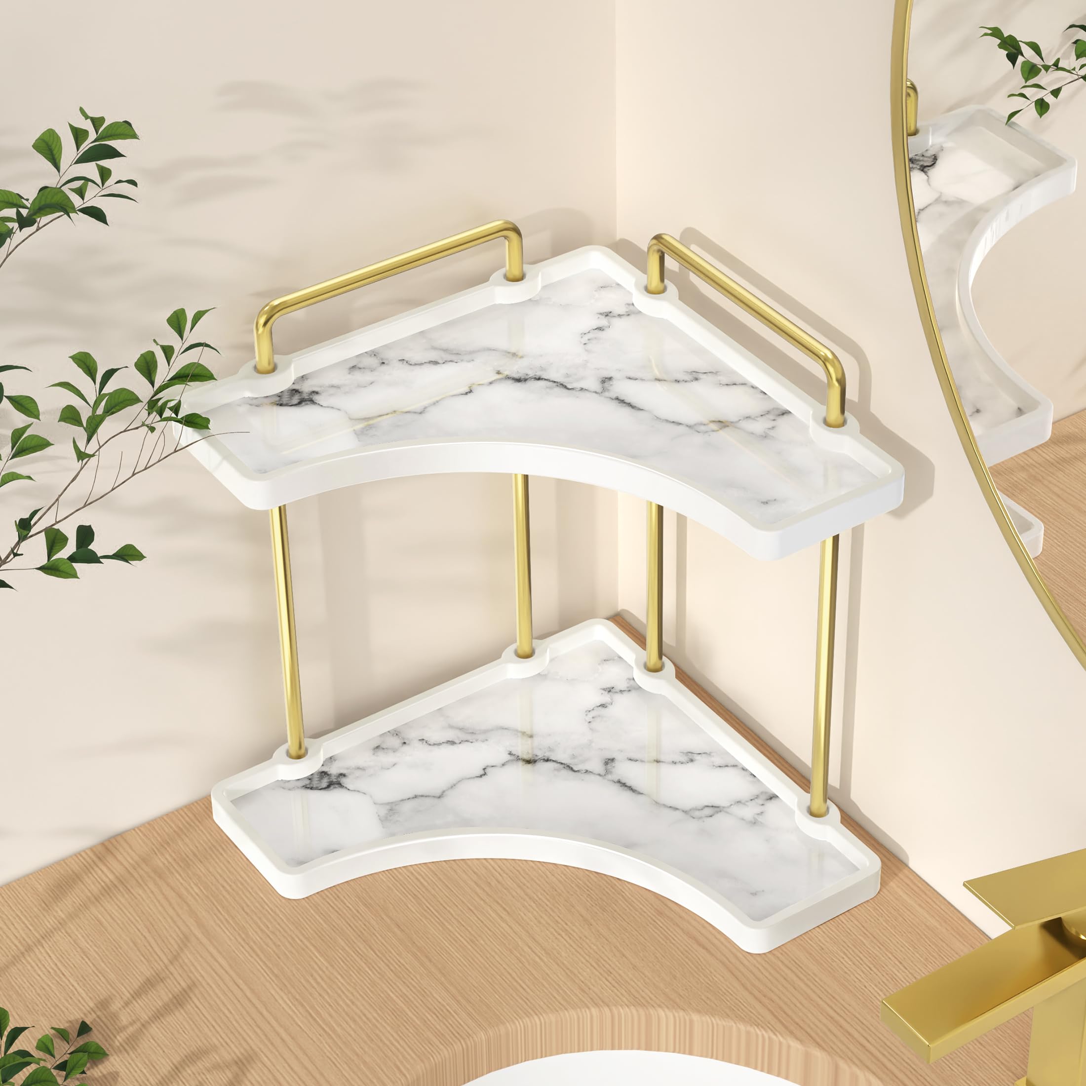 Photo 1 of 2-Tier Hancrafted Ceramic Bathroom Counter Organizer, KES Marble Pattern Corner Bathroom Countertop Organizer, Vanity Skincare and Makeup Storage Tray Shelf, Polished Gold, BSC900B-PG