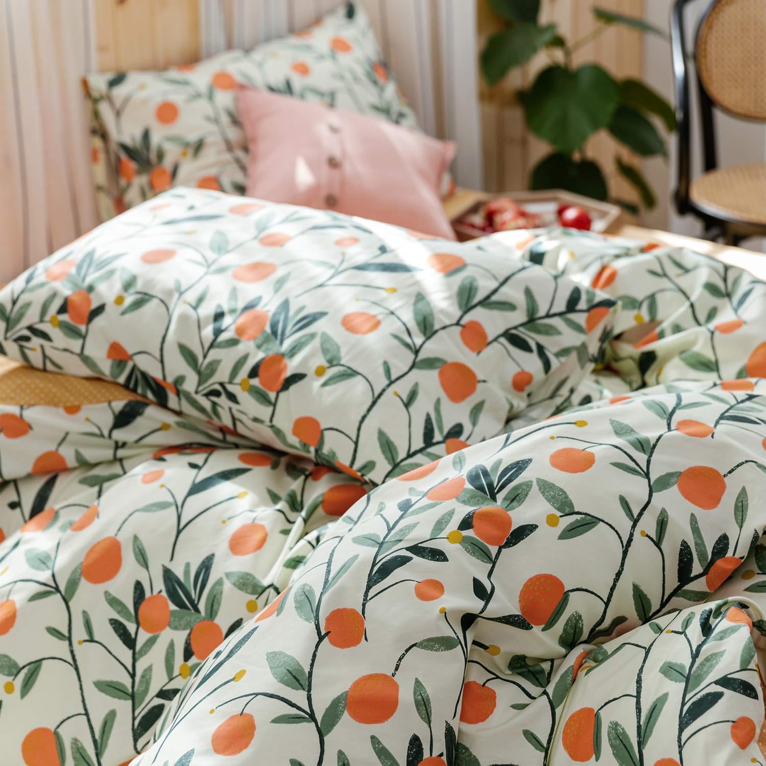 HoneiLife Duvet Cover Queen Size - 100% Cotton Comforter Cover Floral Duvet Cover Sets, Orange Duvet Cover with Zipper Closure & Corner Ties, 3pcs Wrinkle Free Comforter Cover Sets-Fruit: Home & Kitchen