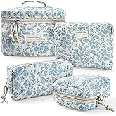 VIWIME Makeup Cosmetic Bag, Large Cotton Quilted Travel Coquette Aesthetic Cute Floral Make up Bag for Women Toiletry Bag Organizer (205- Sky Blue/ 4Pcs)