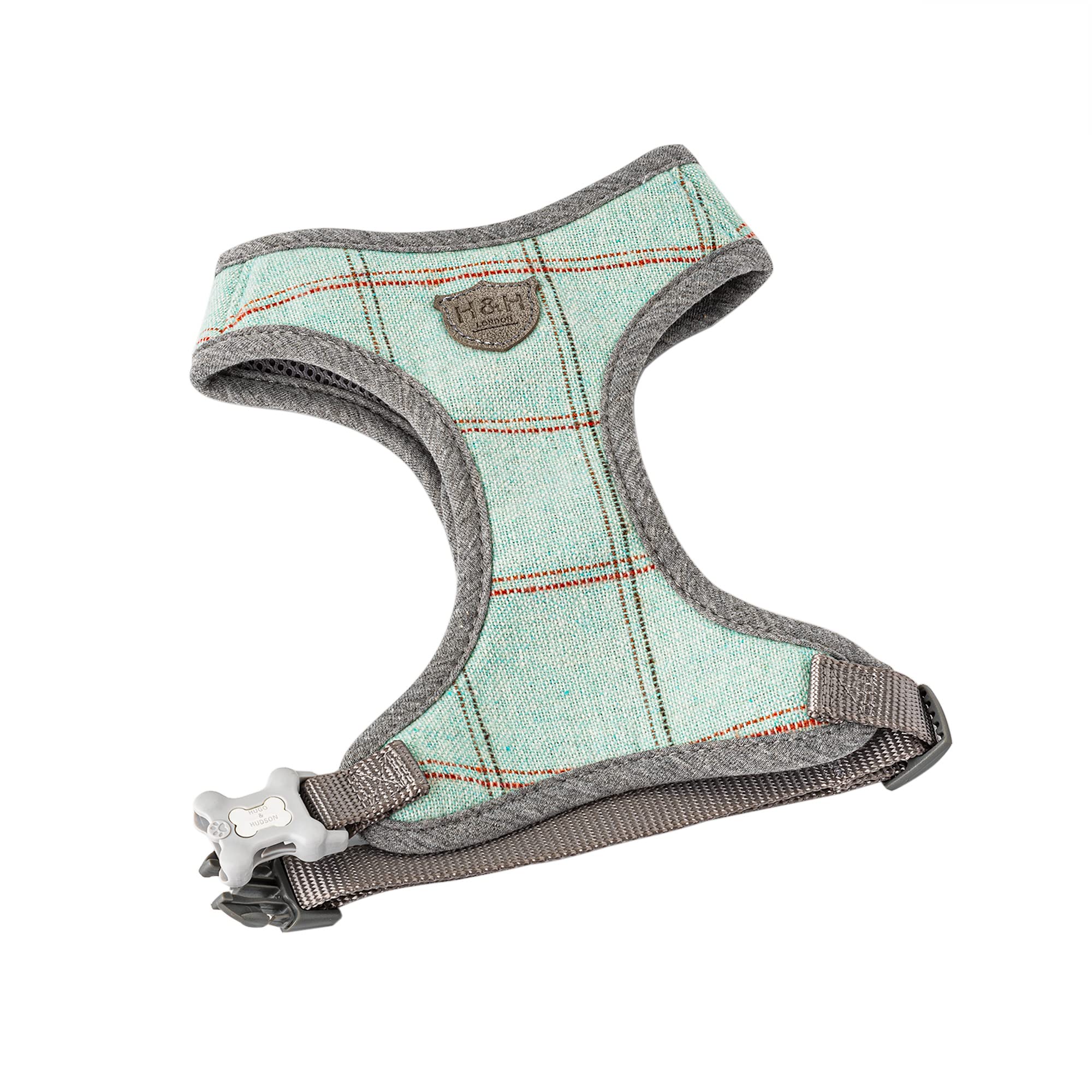 HUGO & HUDSON Tweed Dog Harness No Pull Adjustable Rear Buckle Vest, Aqua Checked, XS