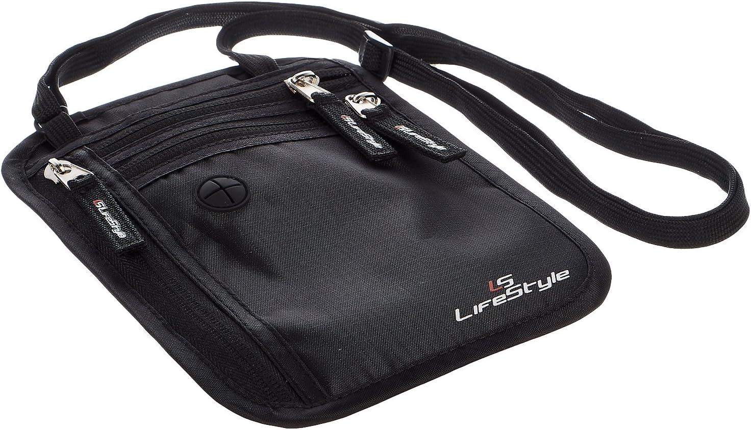 Premium Neck Wallet RFID Blocking Hidden Travel Pouch Passport Holder (Black-Black)