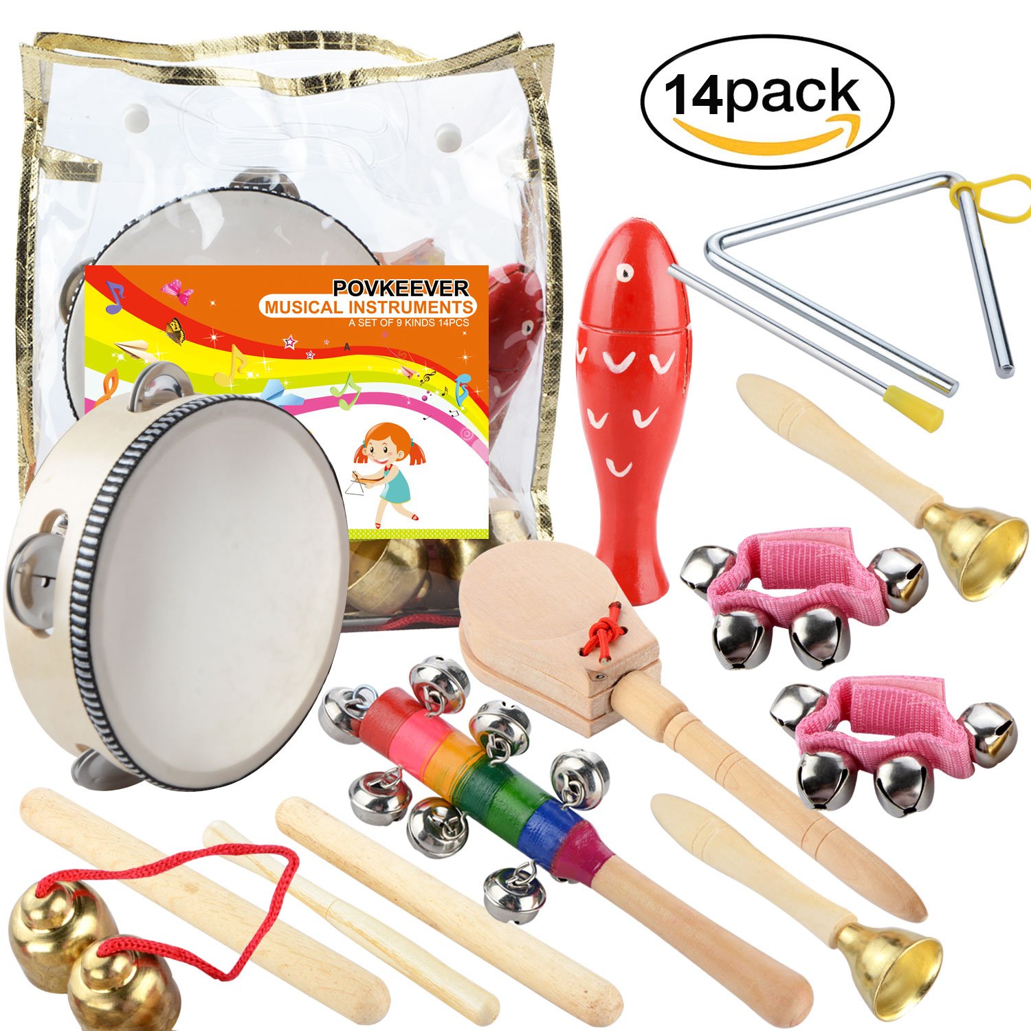 Povkeever 14 PCS Wooden Musical Instruments Set Percussion Toy Rhythm