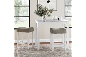Nathan James Viktor 3 Piece Dining Set, Heigh Kitchen Counter Pub or Breakfast Table with Marble Top and Fabric Wood Base Seat, Light Gray/White