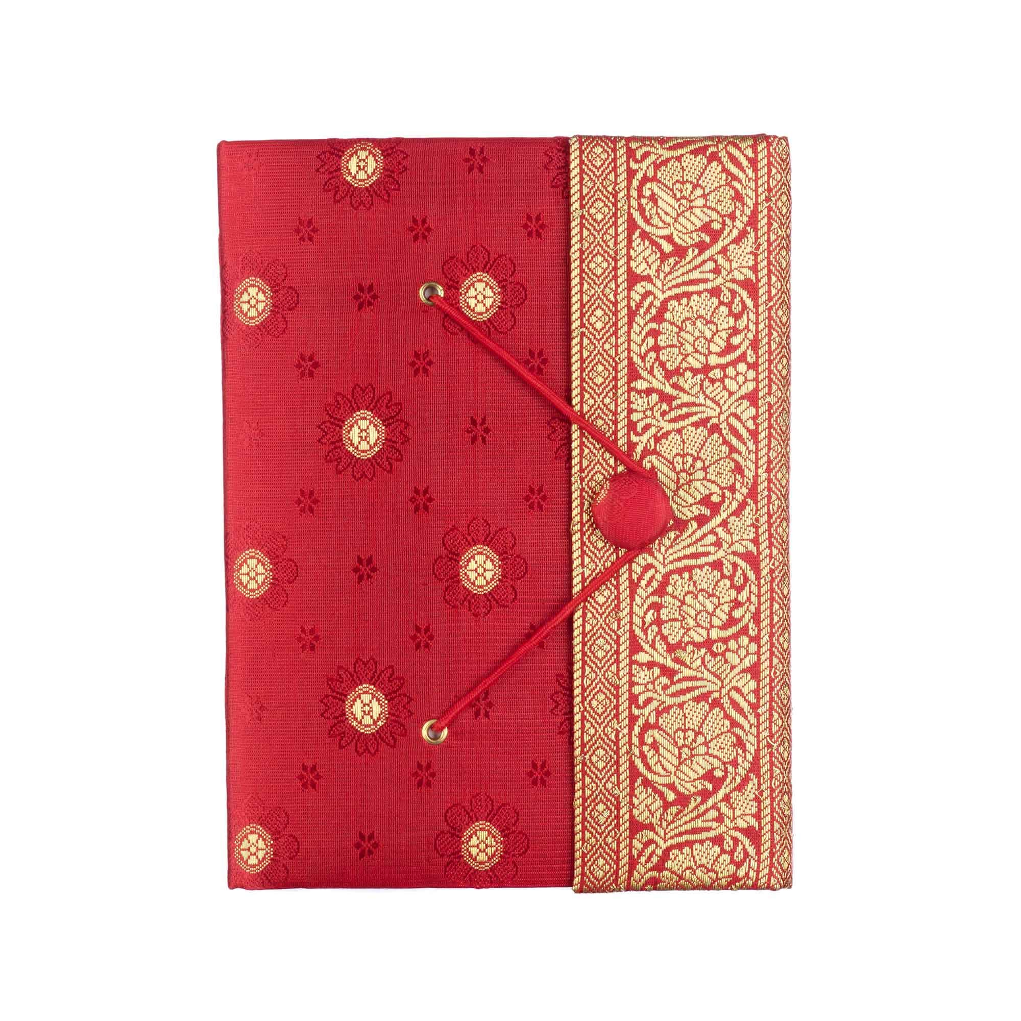 Sari Journal Large 14cm x 18.5cm - Red - Unlined Recycled Paper - Elastic Closure - Notebook and Diary - Indian Stationery Gift - For Men Women Students - Sari Fabric