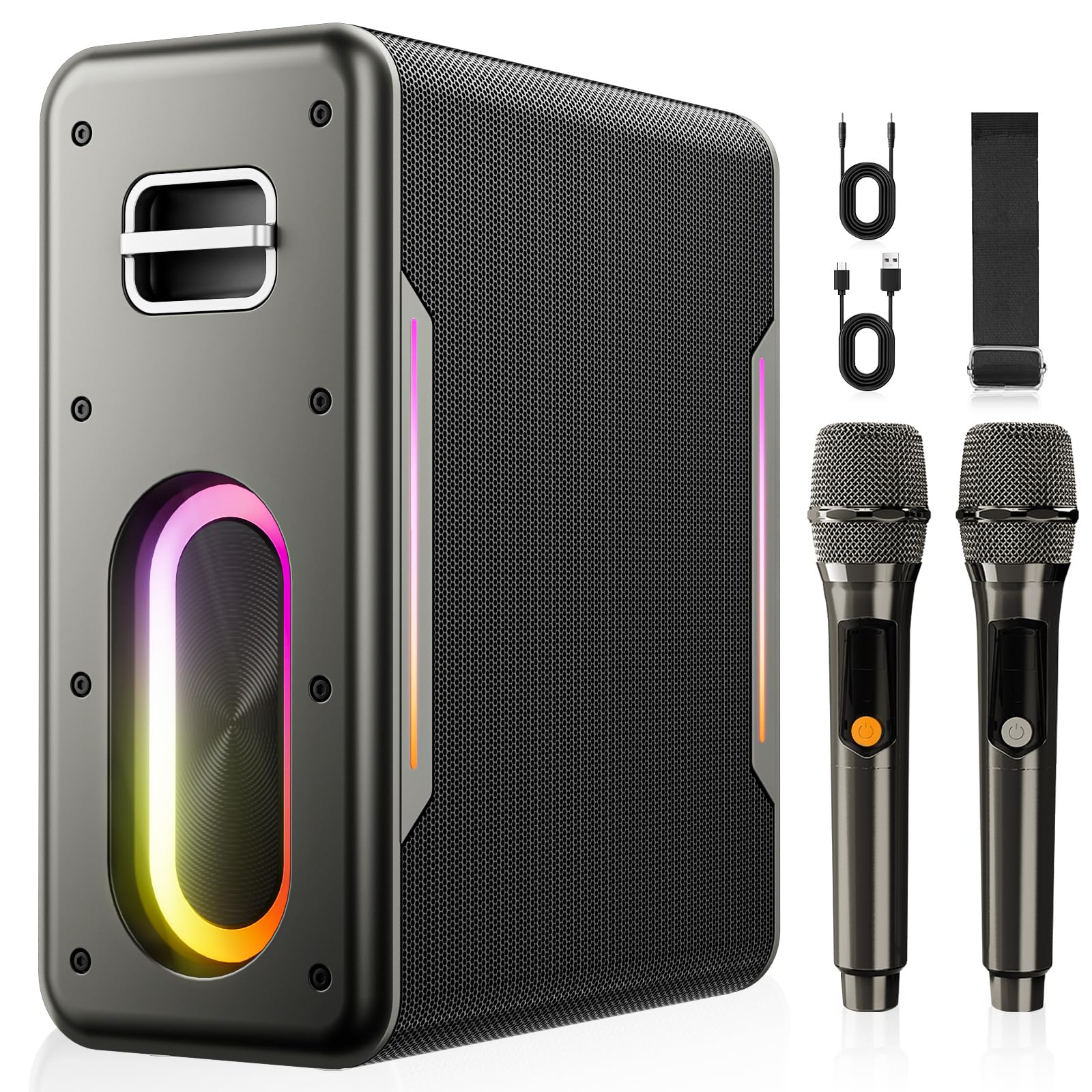 Photo 1 of Karaoke Machine with Two Wireless Microphones, Powerful Portable Bluetooth Speaker for Adults & Kids, PA System with 2 Voice Mode, LED Lights, Supports BT/TWS/AUX/USB/TF for Party (Black)