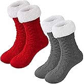 cnomg 2 Pairs Women's Knit Slipper Socks with Non-slip Grippers Women Winter Thick Slipper Socks with Grippers Warm Fuzzy Socks Christmas Gifts