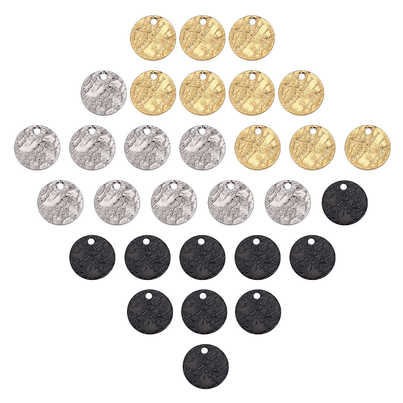 SUNNYCLUE 1 Box 30Pcs Stainless Steel Earring Charms Flat Round Metal Pendants Textured Stamping Blank Tags Disc Dangle Drop Hole Drilled for Jewelry Making DIY Crafts, Black Silver Golden