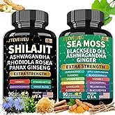 JTEVEweu Shilajit and Sea Moss Bundle- 90 Count - Sea Moss, Ashwagandha, Shilajit, Rhodiola Rosea & Ginger, All in 1 Supplements