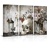 Biuteawal Large 3 Pieces Skull Canvas Wall Art Vintage Skull with Flowers Painting Wall Decor Halloween Day Poster Prints for Home Office Living Room Decor Ready to Hang